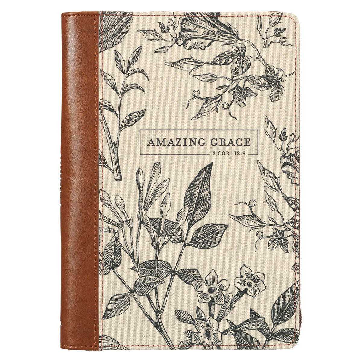 Amazing Grace Natural Canvas and Honey-brown Faux Leather Journal with Zipper Closure  - 2 Corinthians 12:9