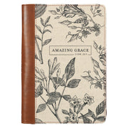 Amazing Grace Natural Canvas and Honey-brown Faux Leather Journal with Zipper Closure  - 2 Corinthians 12:9