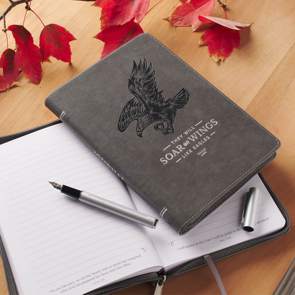 Wings Like Eagles Steel Gray Faux Leather Journal with Zipper Closure - Isaiah 40:31