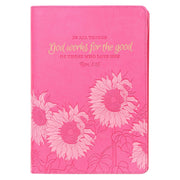 God Works For The Good Pink Sunflower Faux Leather Classic Journal with Zippered Closure - Romans 8:28