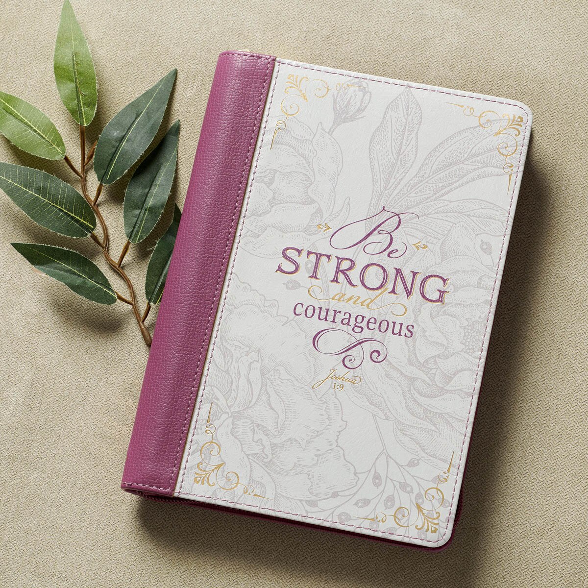 Strong and Courageous Topaz Pink Faux Leather Journal with Zipper Closure - Joshua 1:9