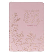 Strength and Dignity Pink Faux Leather Journal with Zippered Closure - Proverbs 31:25