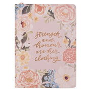 Strength and Honor Pink Floral Faux Leather Classic Journal with Zipper Closure - Proverbs 31:25