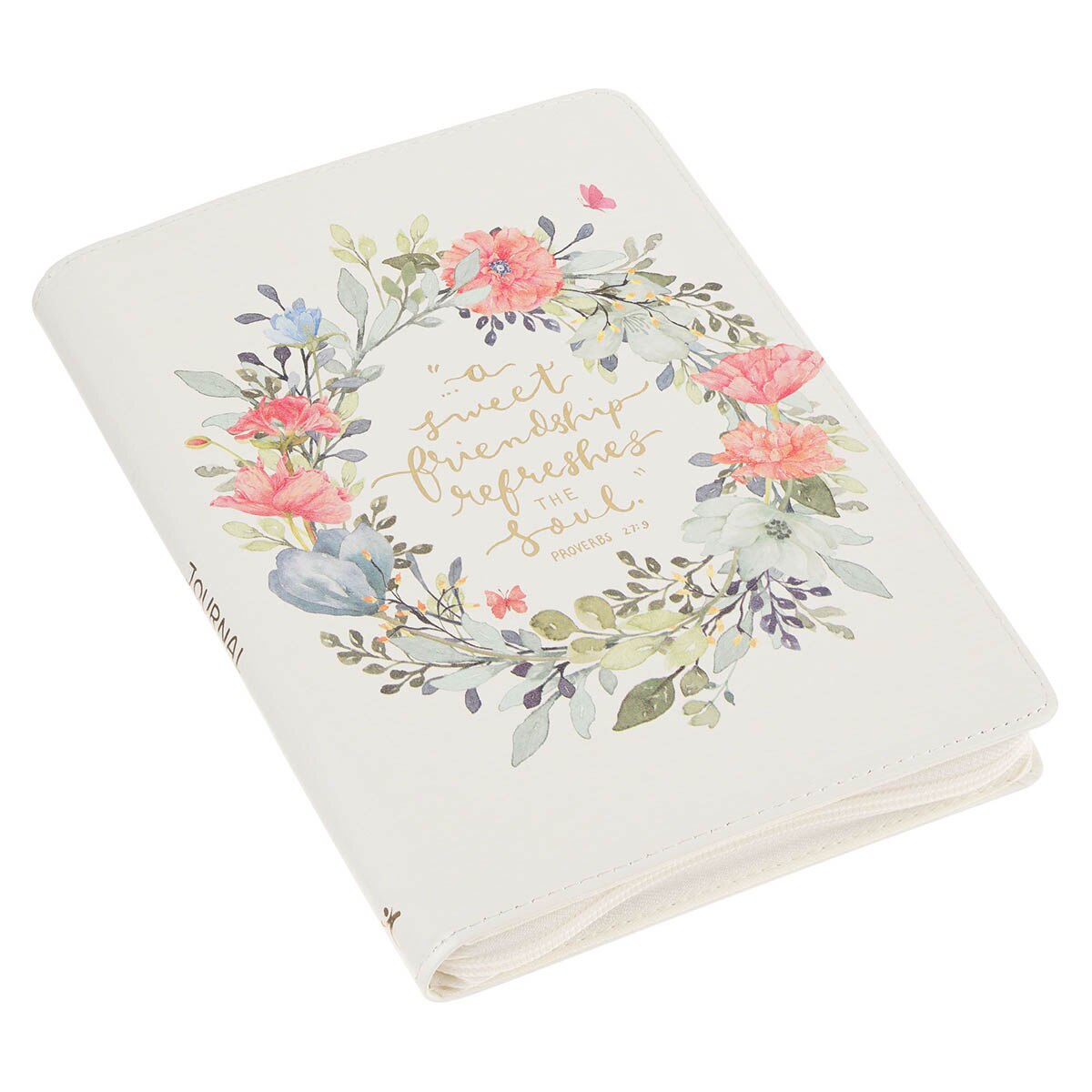 A Sweet Friendship Bright Floral Wreath Faux Leather Classic Journal with Zipper Closure - Proverbs 27:9
