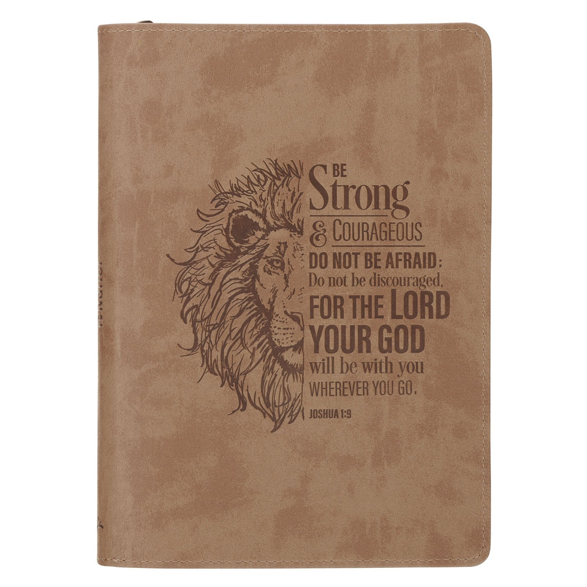 Be Strong and Courageous Lion Tan Faux Leather Journal with Zipper Closure - Joshua 1:9