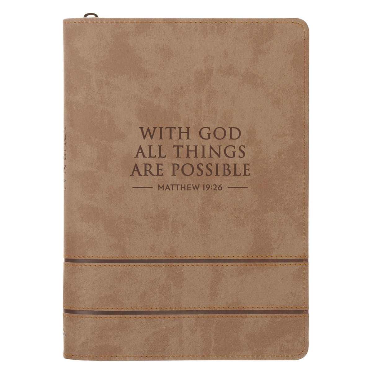 With God All Things Are Possible Tan Faux Leather Journal with Zipper Closure - Matthew 19:26