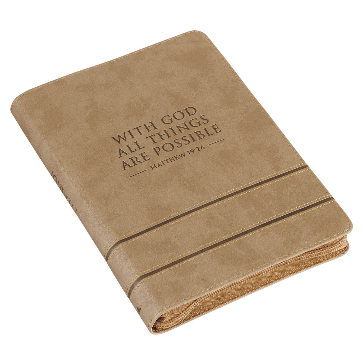 With God All Things Are Possible Tan Faux Leather Journal with Zipper Closure - Matthew 19:26