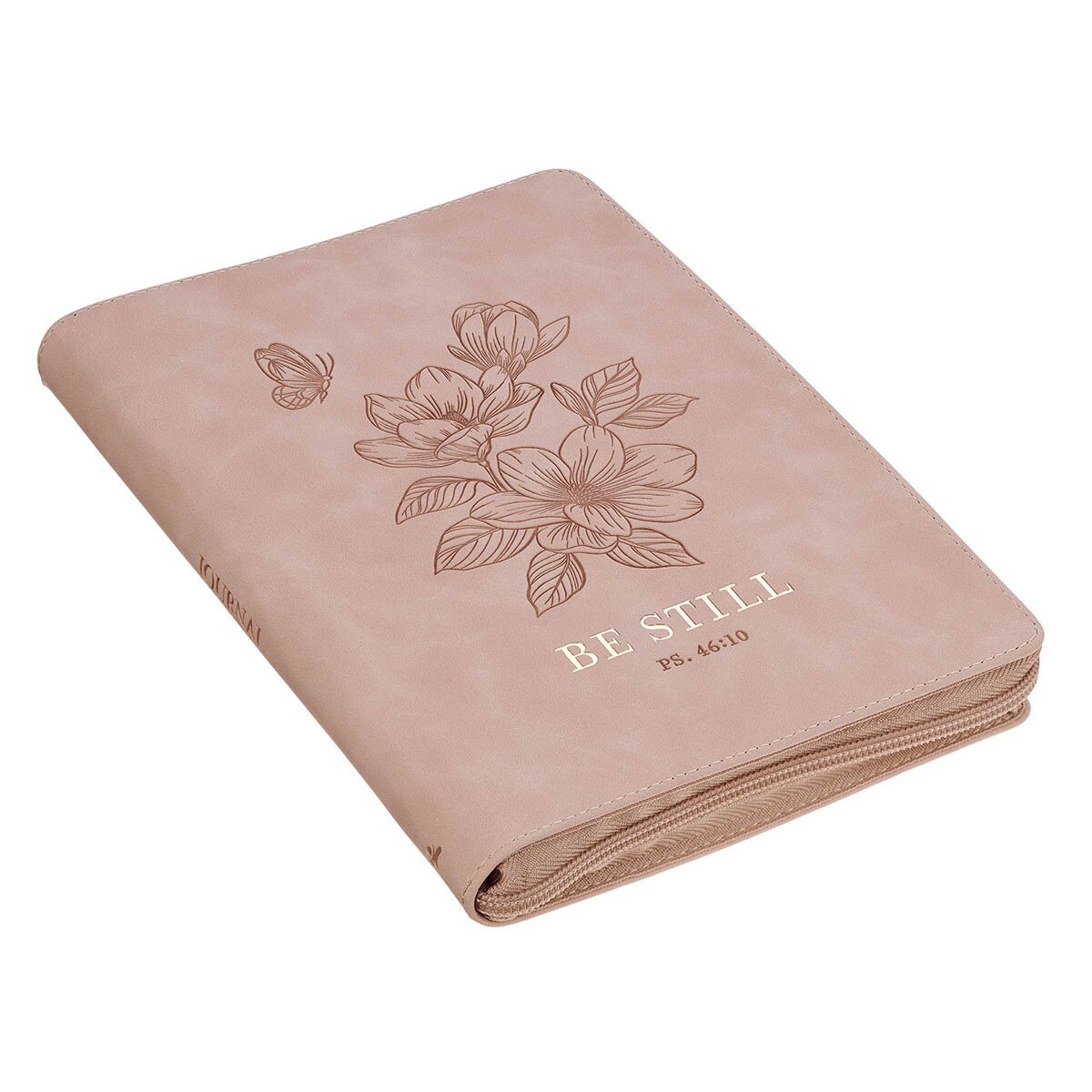 Be Still Pink Floral Faux Leather Classic Journal with Zipper Closure - Psalm 46:10