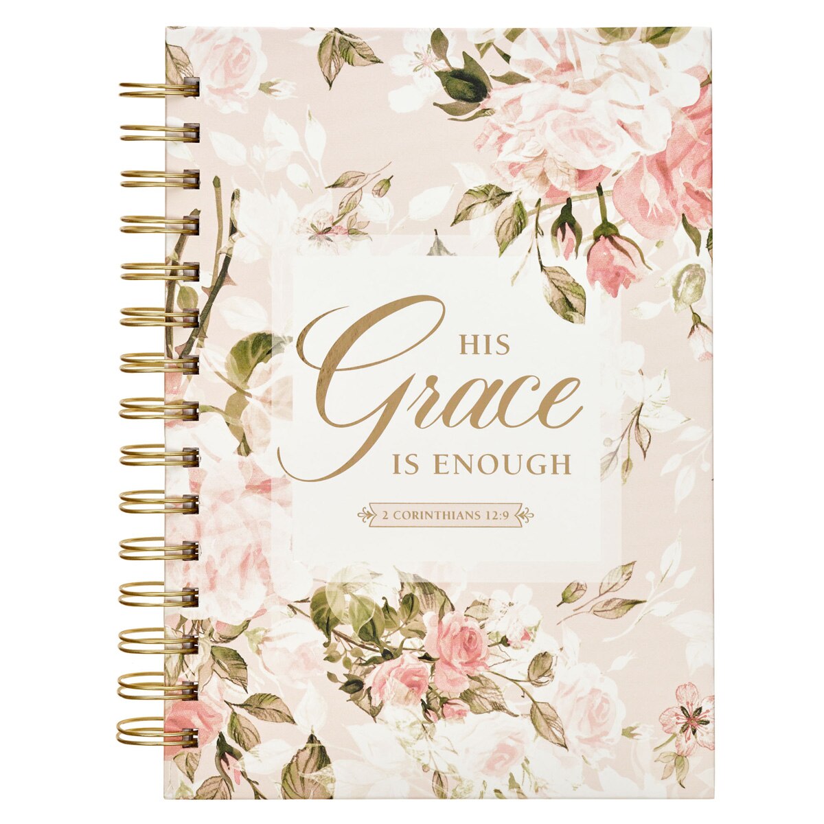 His Grace is Enough Blush Pink Floral Large Wirebound Journal - 2 Corinthians 12:9