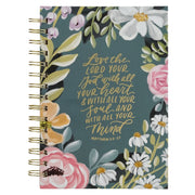 Love the Lord Teal Floral Wirebound Journal - Matthew 22:37