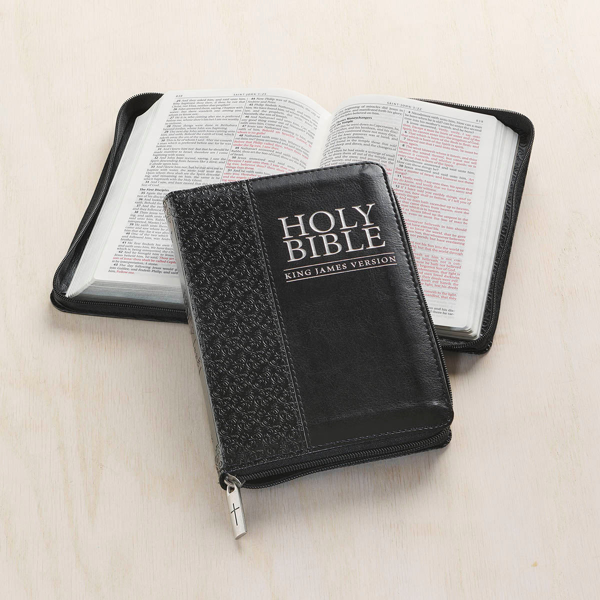 Black Faux Leather Compact King James Version Bible with Zippered Closure