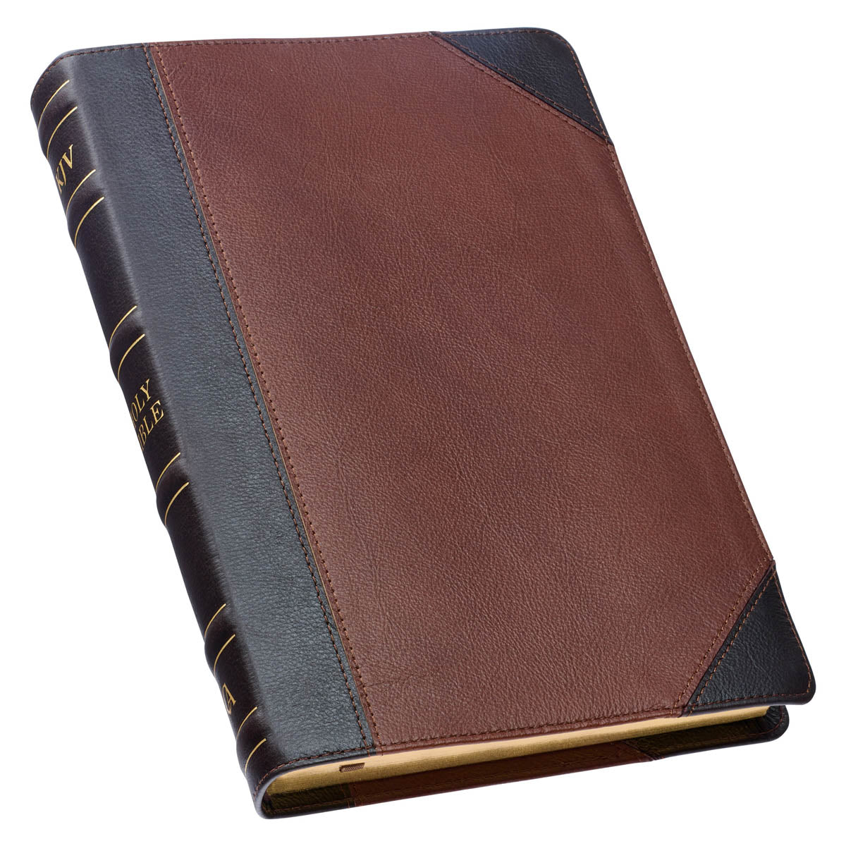 Mahogany and Saddle Tan Full Grain Leather Large Print Thinline KJV Bible with Thumb Index