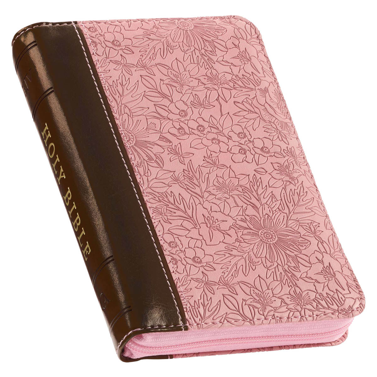 Pink and Saddle Tan Faux Leather Mini Pocket King James Version Bible with Zippered Closure