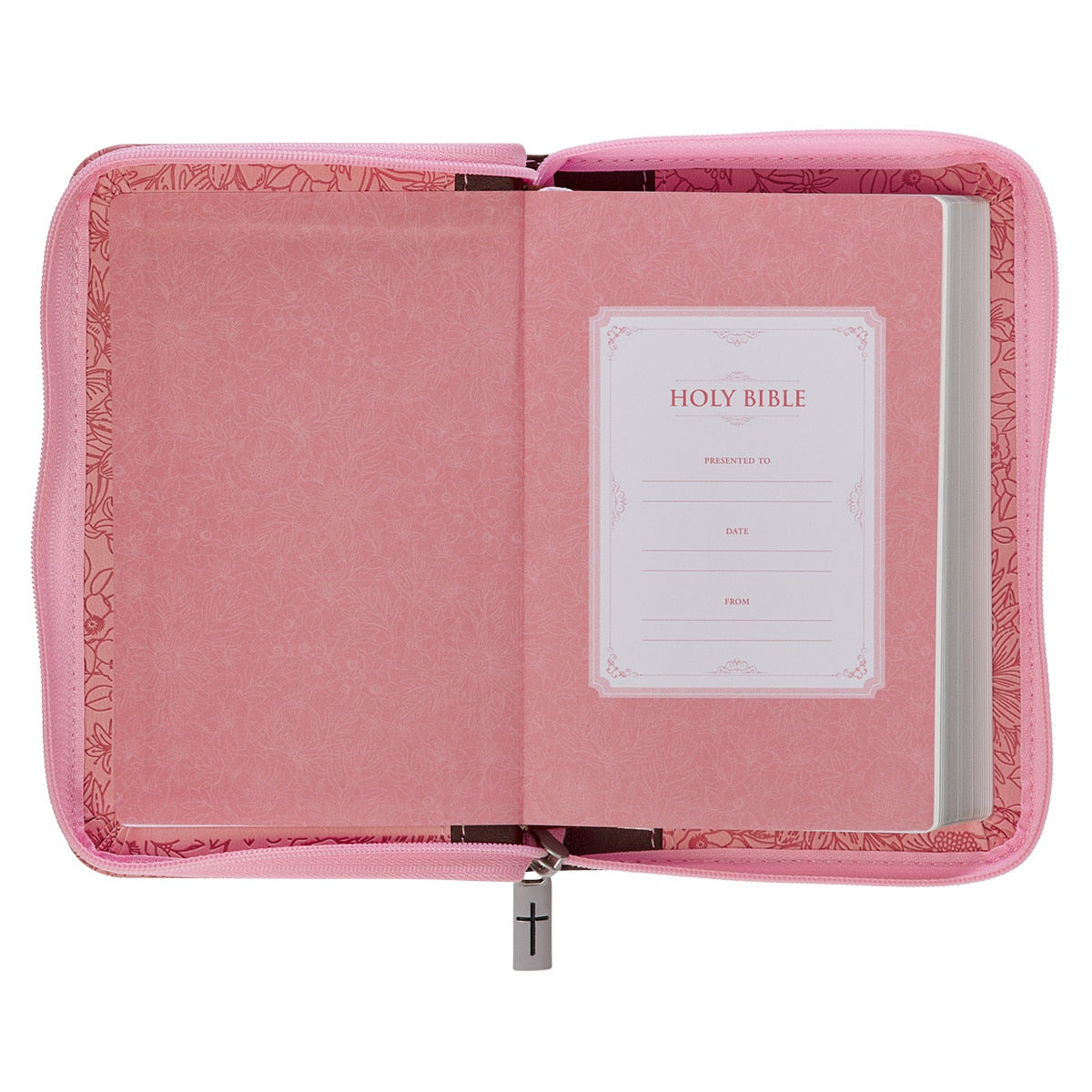 Pink and Saddle Tan Faux Leather Mini Pocket King James Version Bible with Zippered Closure