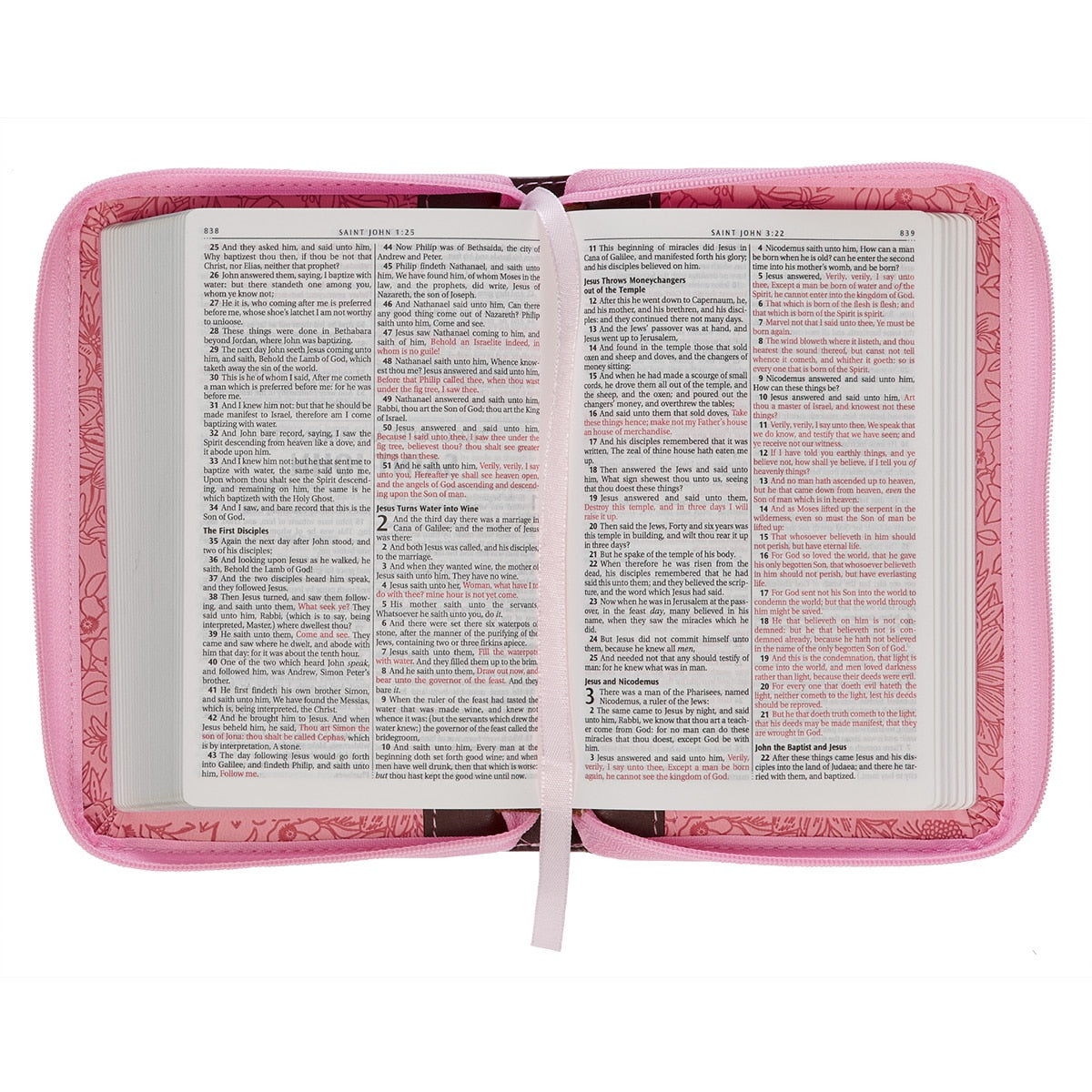 Pink and Saddle Tan Faux Leather Mini Pocket King James Version Bible with Zippered Closure