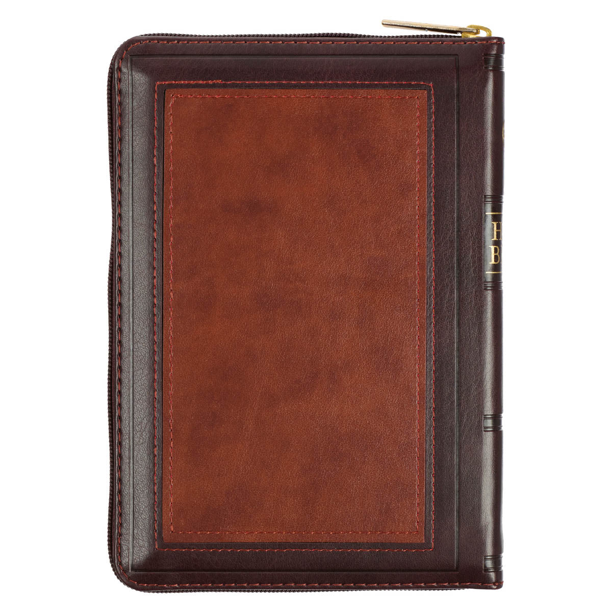 Burgundy and Saddle Tan Framed Faux Leather Compact King James Version Bible with Zippered Closure