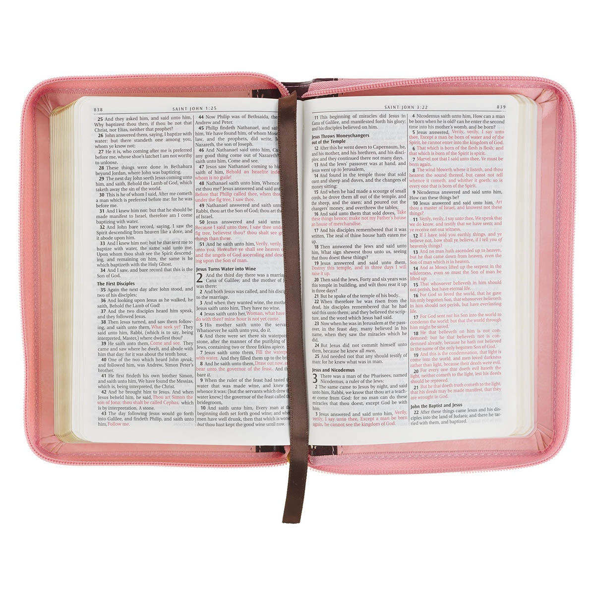 Burgundy and Pink Floral Faux Leather Compact KJV Bible with Zippered Closure