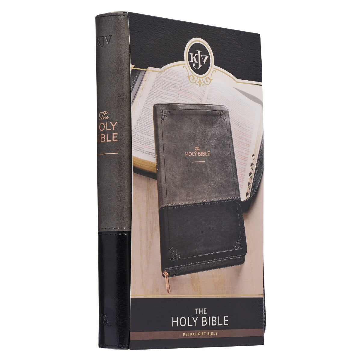 Gray and Black Faux Leather King James Version Deluxe Gift Bible with Thumb Index and Zippered Closure