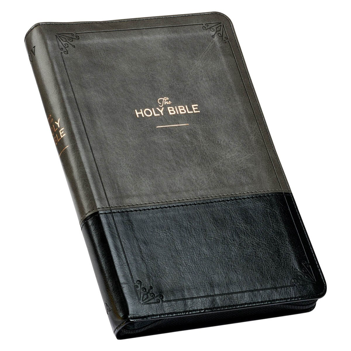 Gray and Black Faux Leather King James Version Deluxe Gift Bible with Thumb Index and Zippered Closure