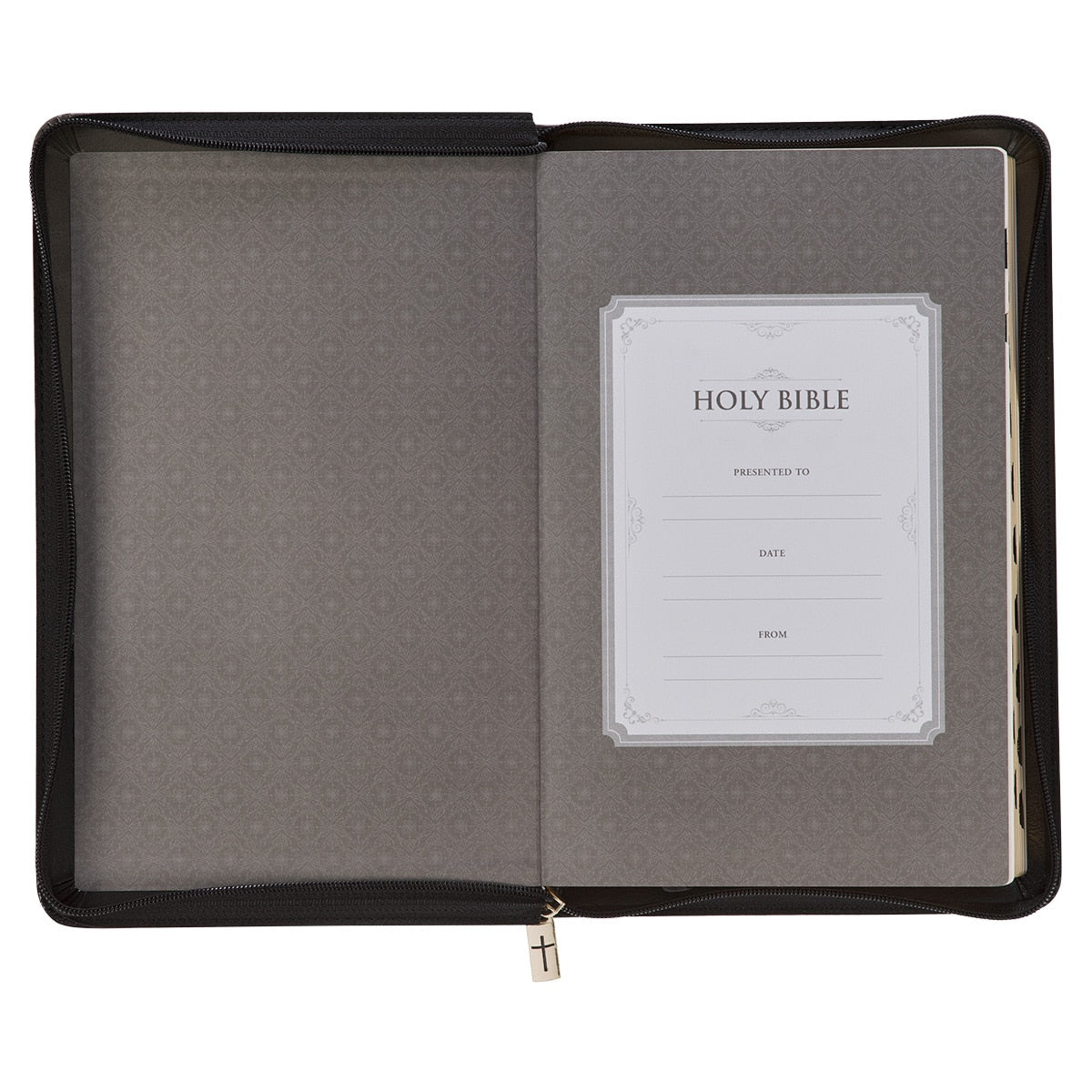 Gray and Black Faux Leather King James Version Deluxe Gift Bible with Thumb Index and Zippered Closure