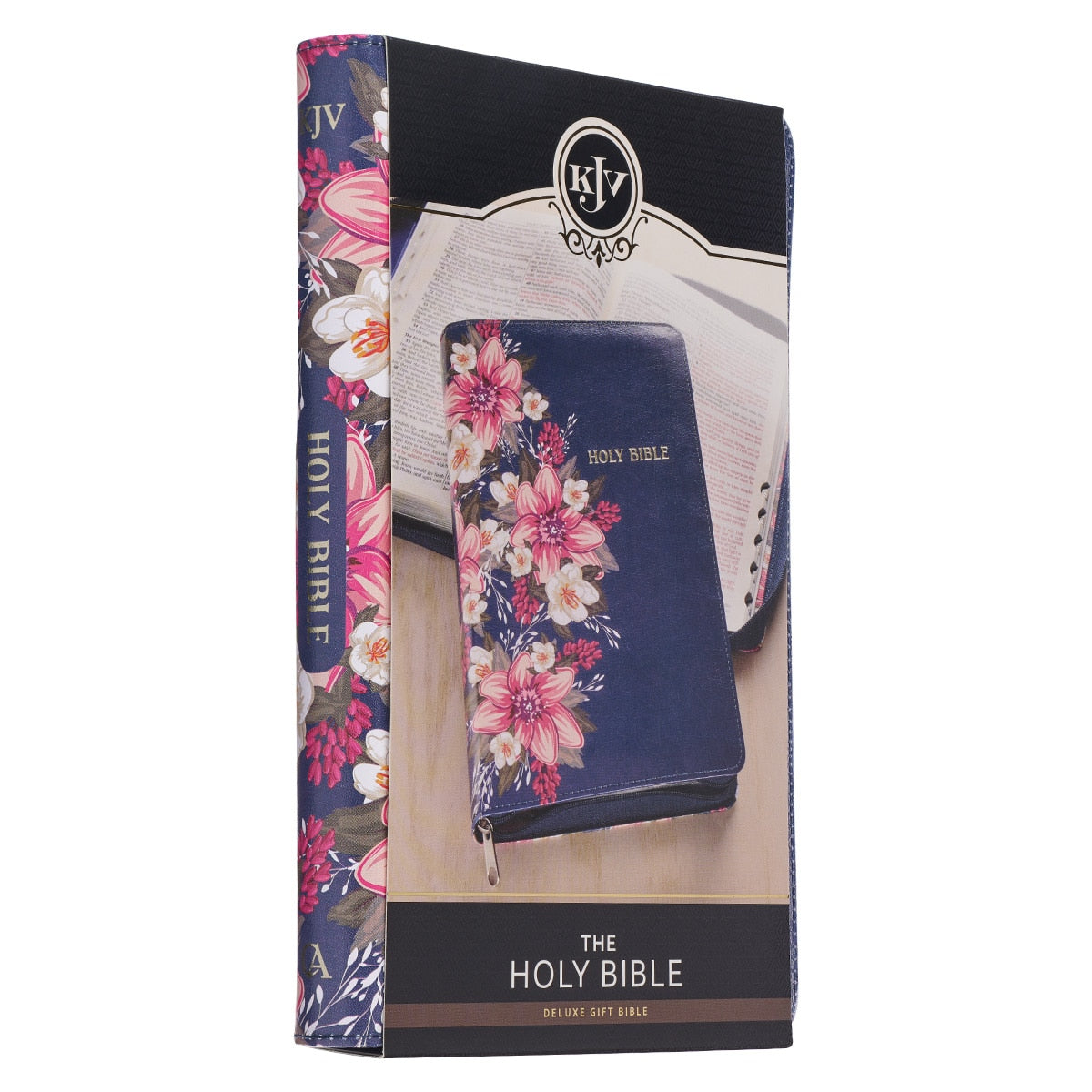 Floral Blue Faux Leather King James Version Deluxe Gift Bible with Thumb Index and Zippered Closure
