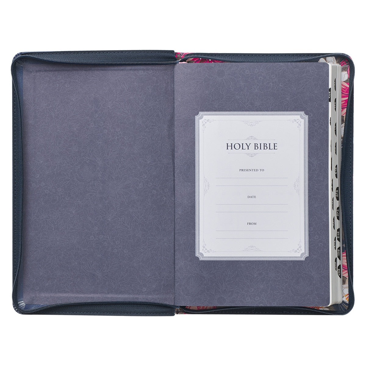 Floral Blue Faux Leather King James Version Deluxe Gift Bible with Thumb Index and Zippered Closure