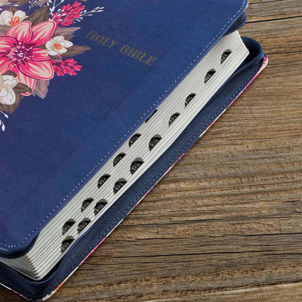 Floral Blue Faux Leather King James Version Deluxe Gift Bible with Thumb Index and Zippered Closure