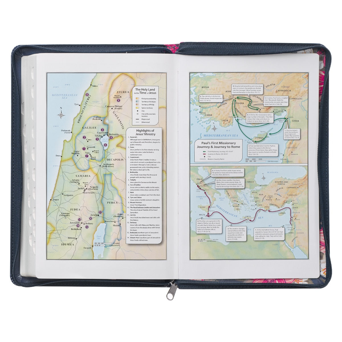 Floral Blue Faux Leather King James Version Deluxe Gift Bible with Thumb Index and Zippered Closure