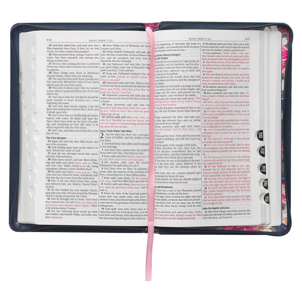 Floral Blue Faux Leather King James Version Deluxe Gift Bible with Thumb Index and Zippered Closure