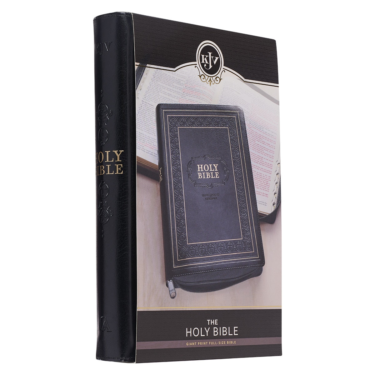 Black Framed Faux Leather Giant Print Full-size King James Version Bible with Thumb Index and Zippered Closure