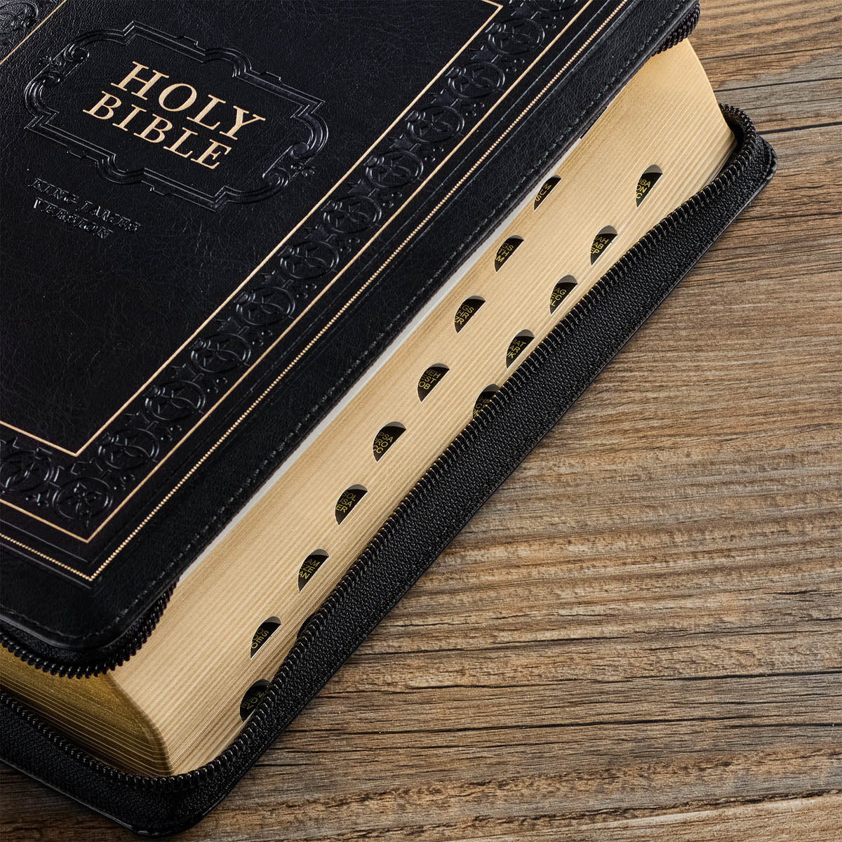 Black Framed Faux Leather Giant Print Full-size King James Version Bible with Thumb Index and Zippered Closure