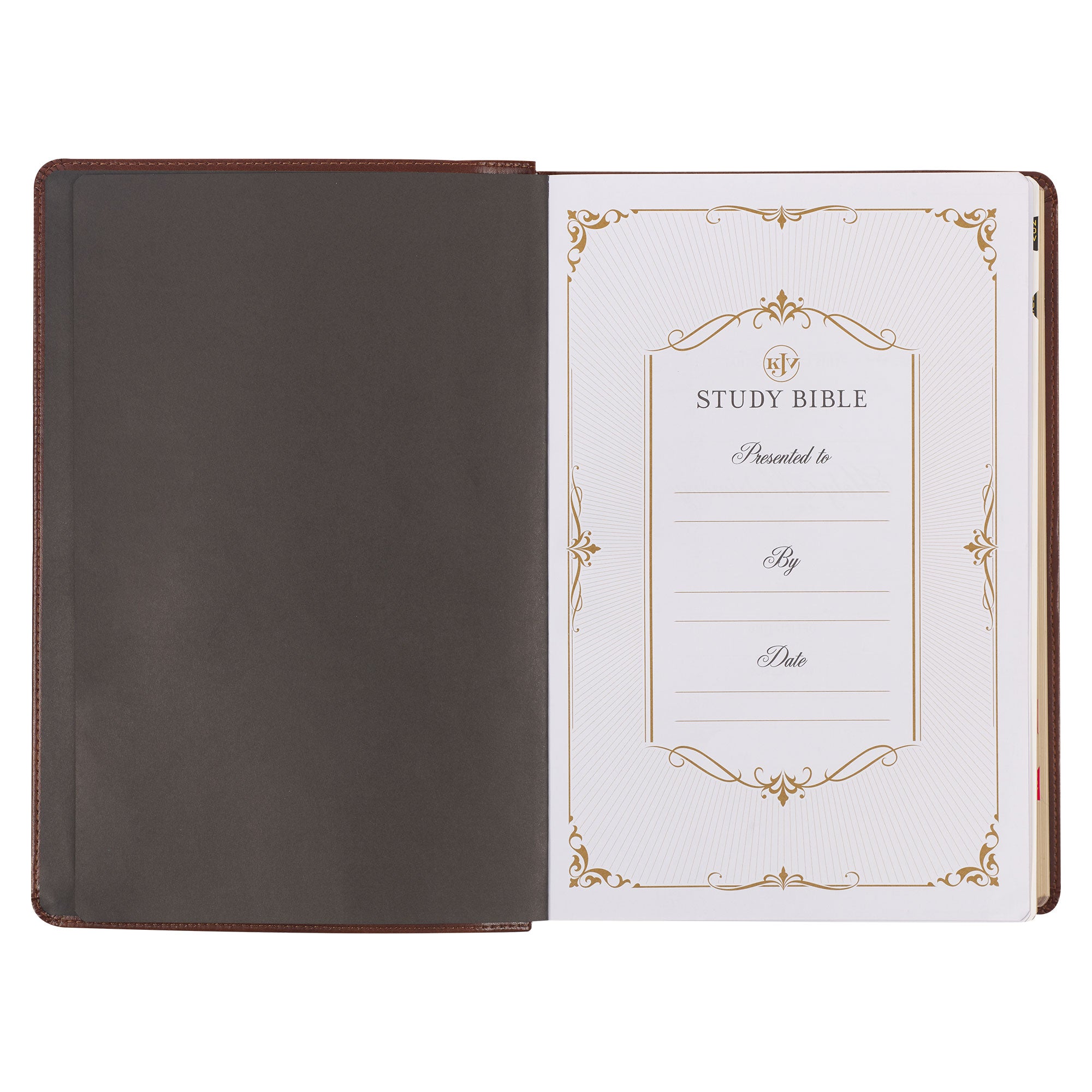 Art Nouveau Framed Toffee Brown Faux Leather Large Print King James Study Bible with Thumb Index