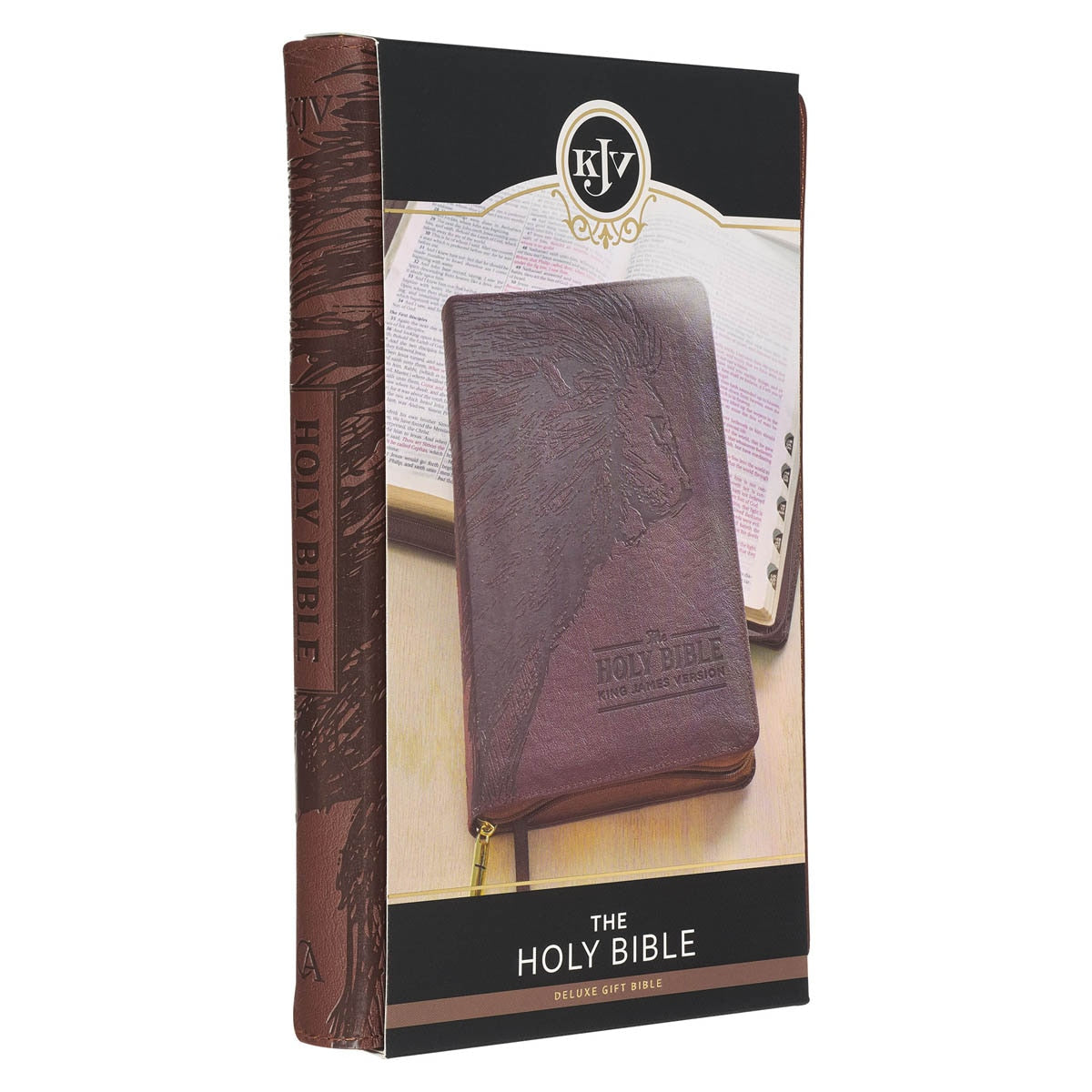 Walnut Brown Faux Leather King James Version Deluxe Gift Bible with Thumb Index and Zippered Closure