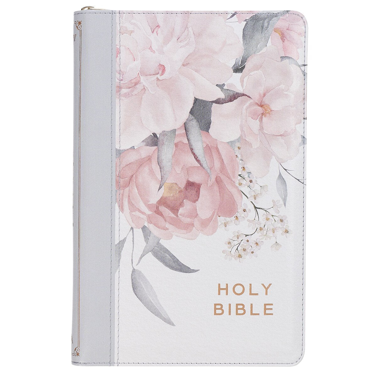 Frosty Gray and Pink Floral Faux Leather King James Version Deluxe Gift Bible with Thumb Index and Zipper Closure