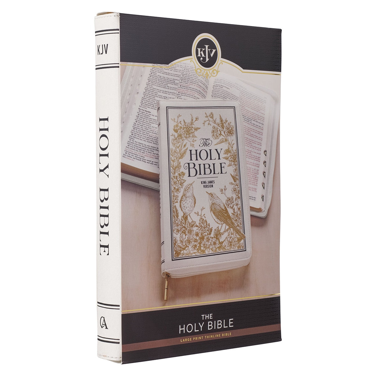 White and Gold Faux Leather Large Print Thinline King James Version Bible with Zippered Closure and Thumb Index