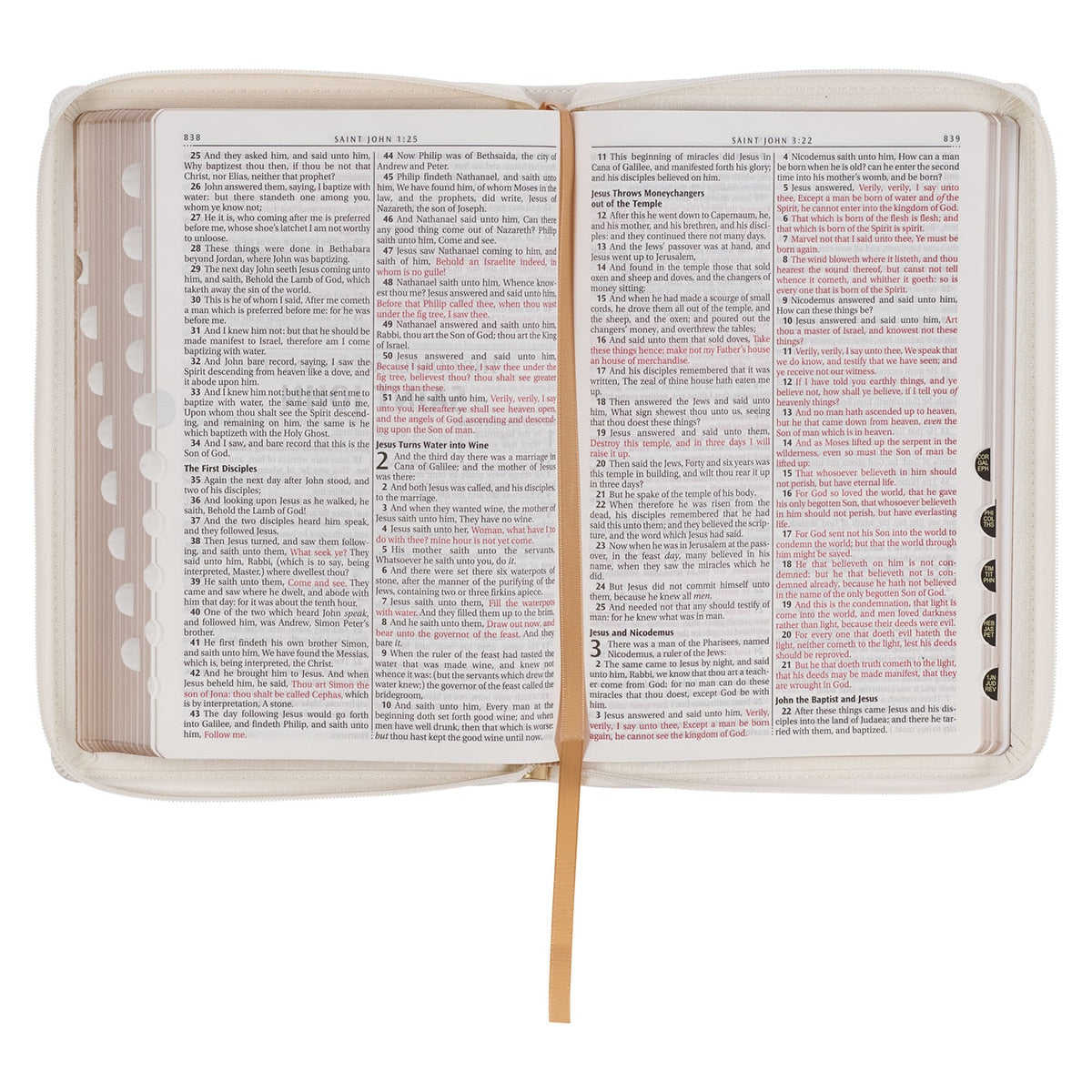 White and Gold Faux Leather Large Print Thinline King James Version Bible with Zippered Closure and Thumb Index