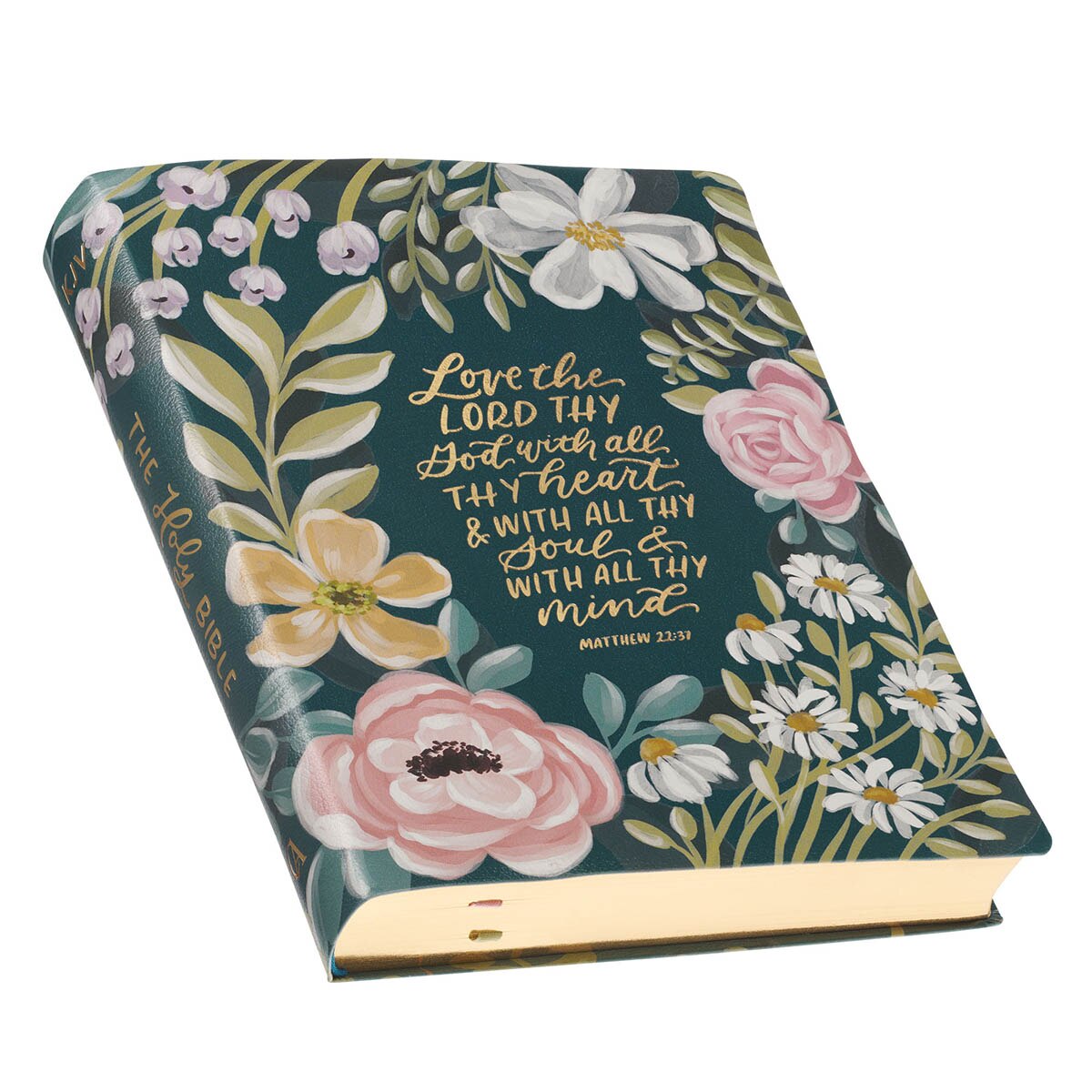 Teal Floral Ally Collection Large Print Faux Leather King James Version Note-taking Bible - Matthew 22:37