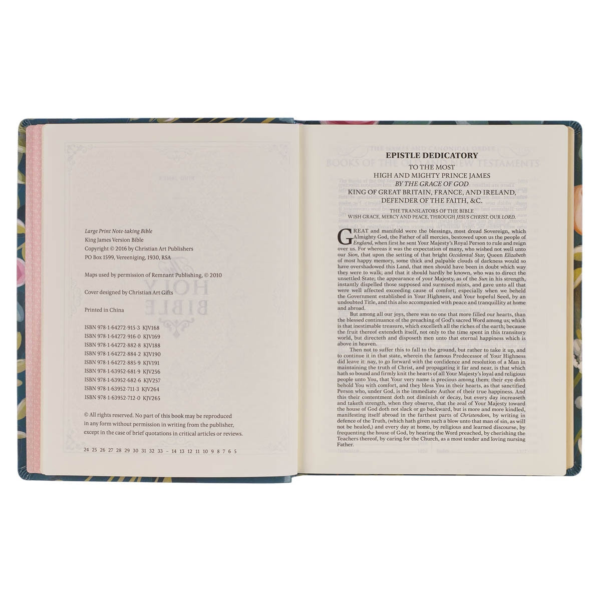 Teal Floral Ally Collection Large Print Faux Leather King James Version Note-taking Bible - Matthew 22:37