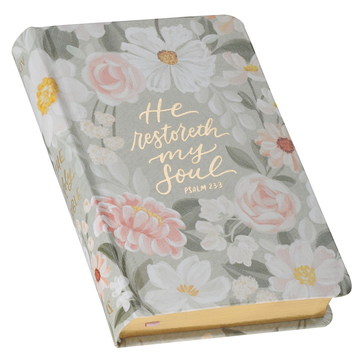 Lichen Gray Floral Faux Leather Hardcover King James Version Bible - Psalm 23:3