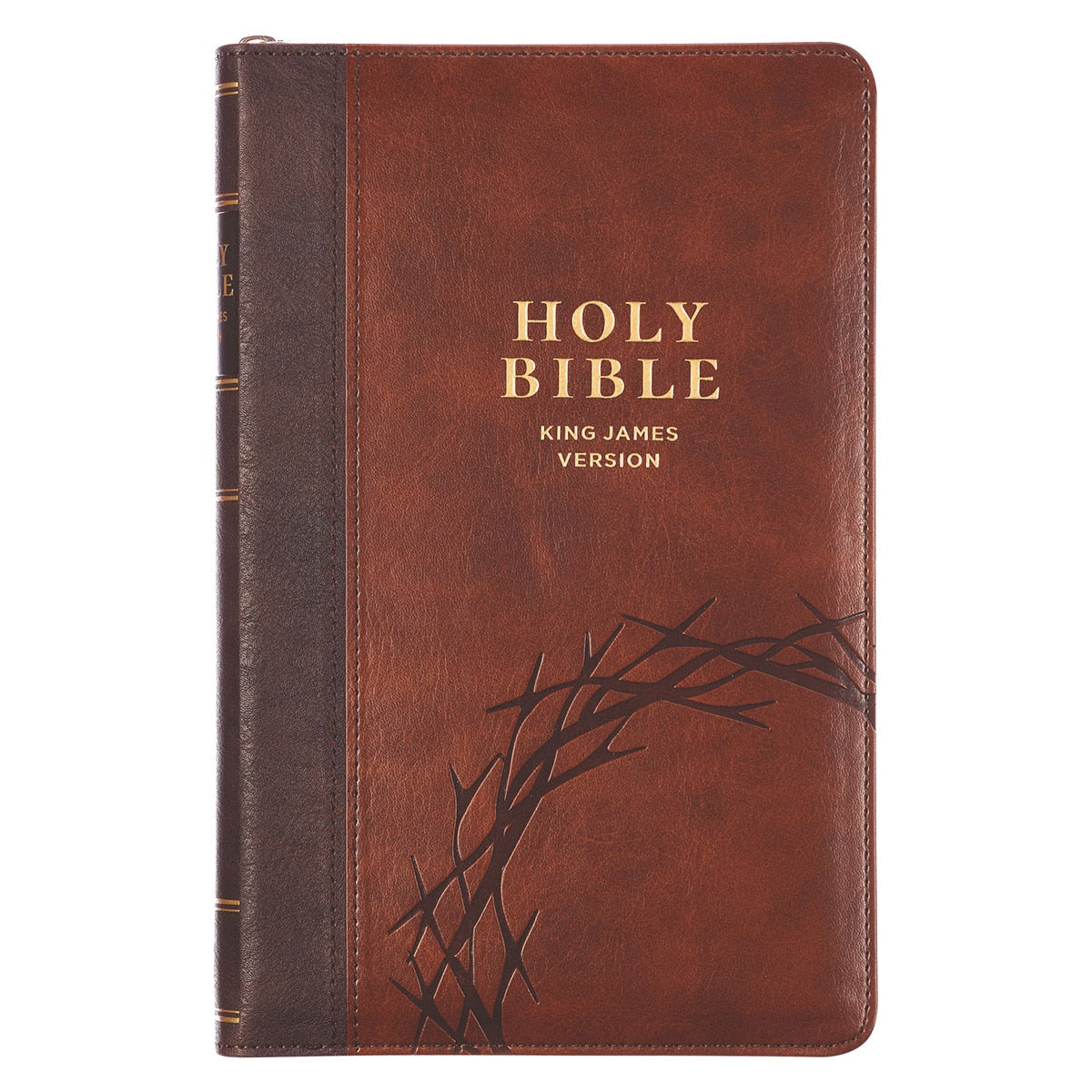 Crown of Thorns Two-tone Brown Faux Leather King James Version Deluxe Gift Bible with Thumb Index and Zipper Closure