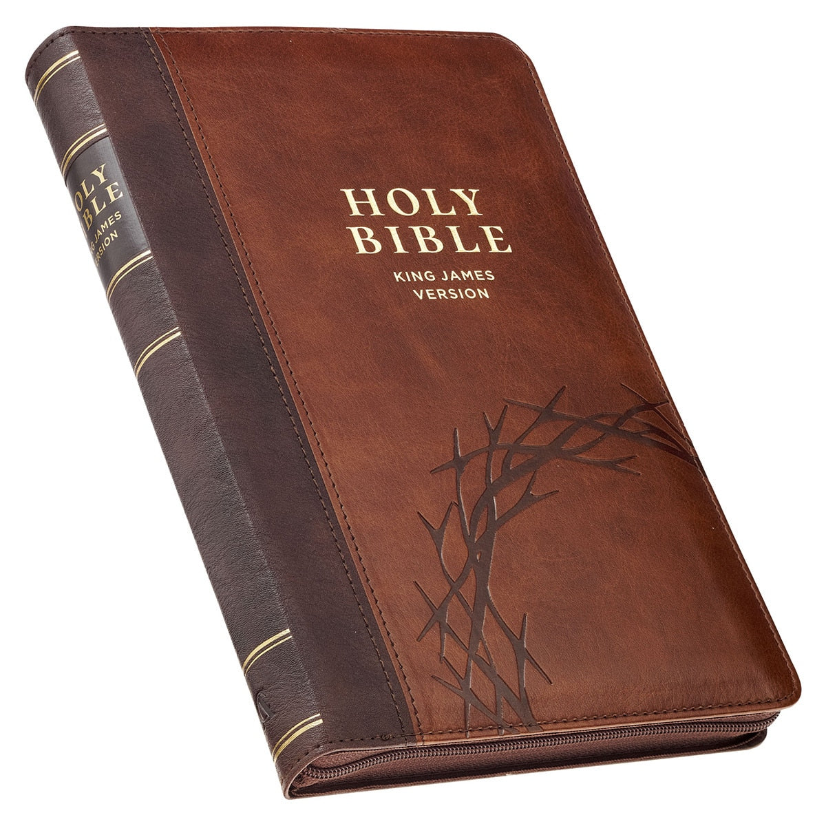 Crown of Thorns Two-tone Brown Faux Leather King James Version Deluxe Gift Bible with Thumb Index and Zipper Closure