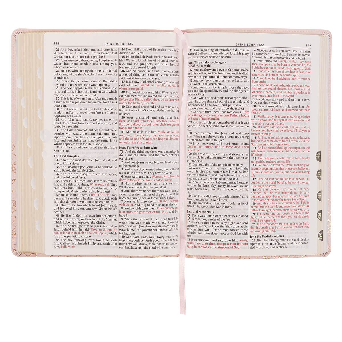 Whisper Pink Floral Faux Leather Large Print Thinline King James with Thumb Index