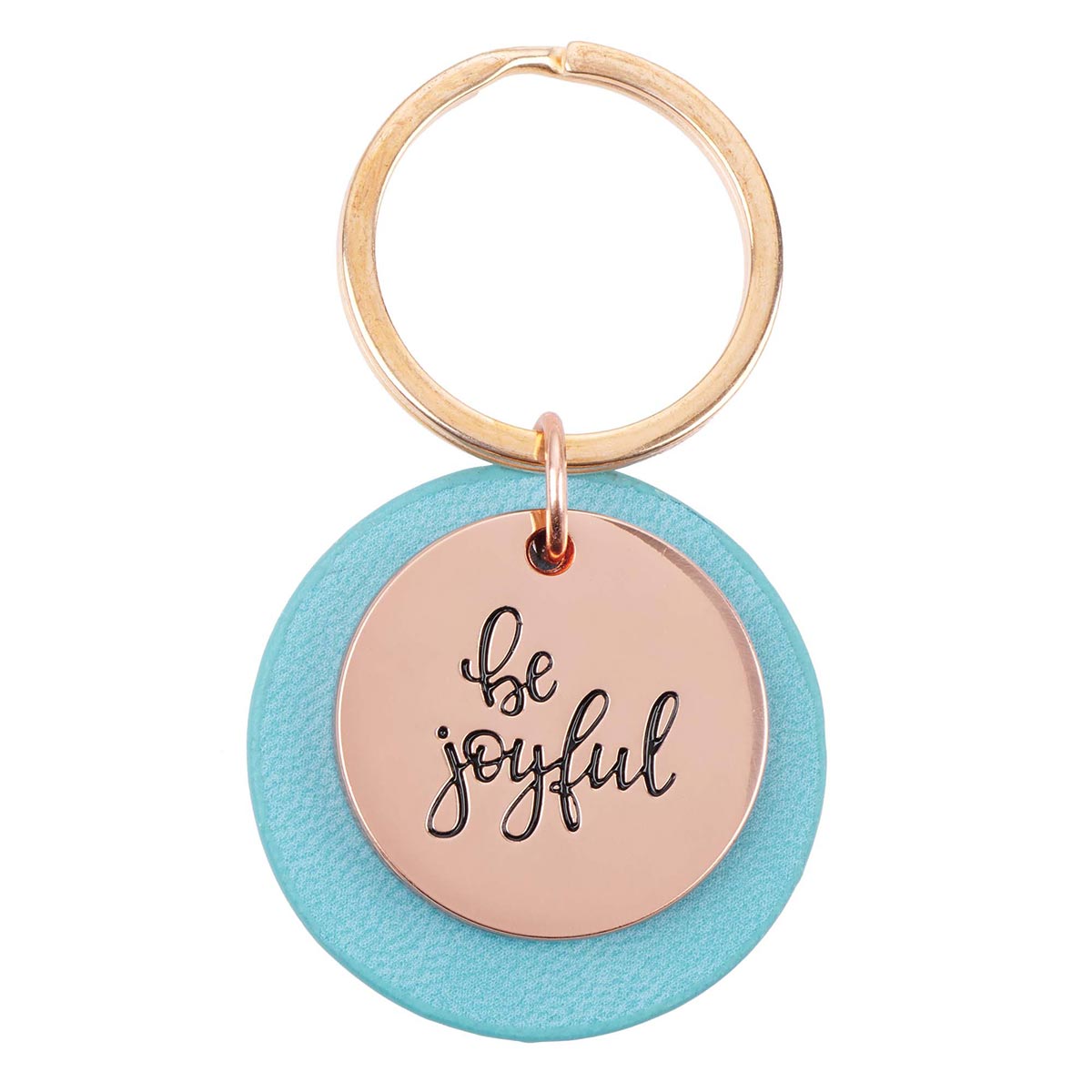 Be Joyful Rose Gold Key Ring with Teal Disc