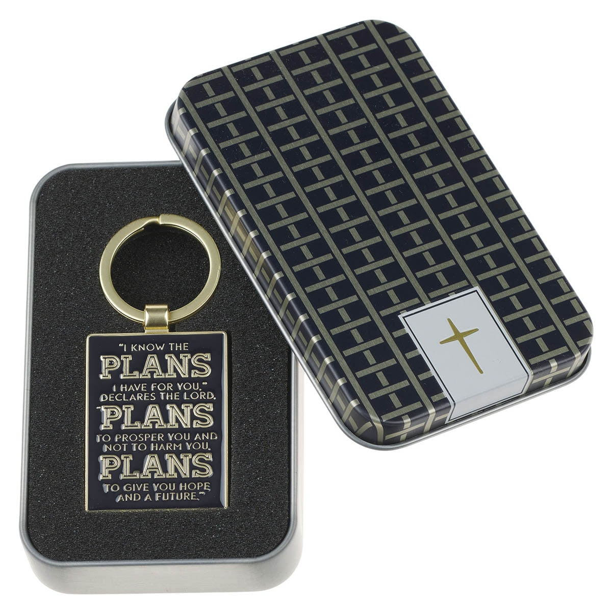 The Plans Modern Blue Grid Keychain in a Gift Tin - Jeremiah 29:11