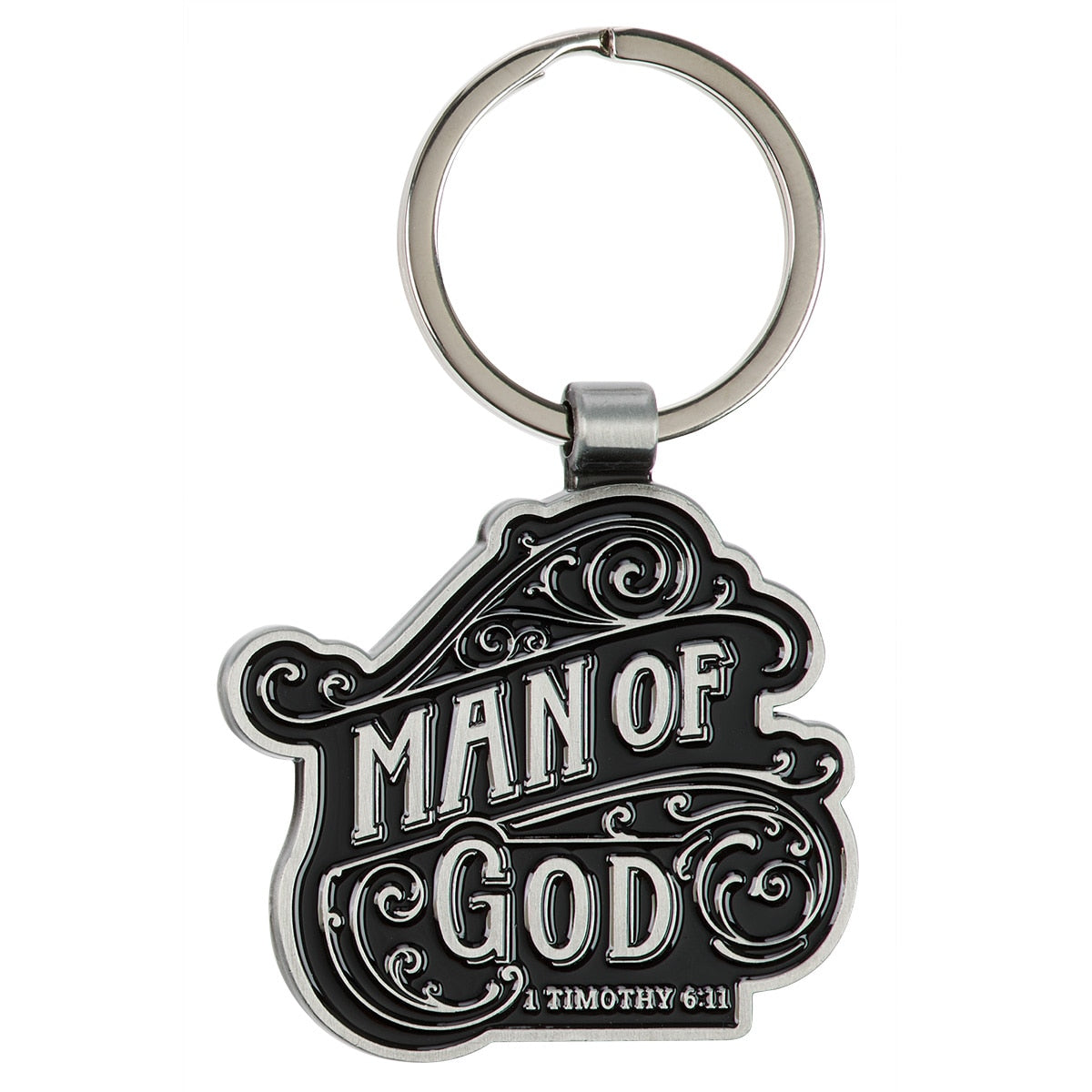 Man of God Black and Silver Metal Keychain - 1 Timothy 6:11