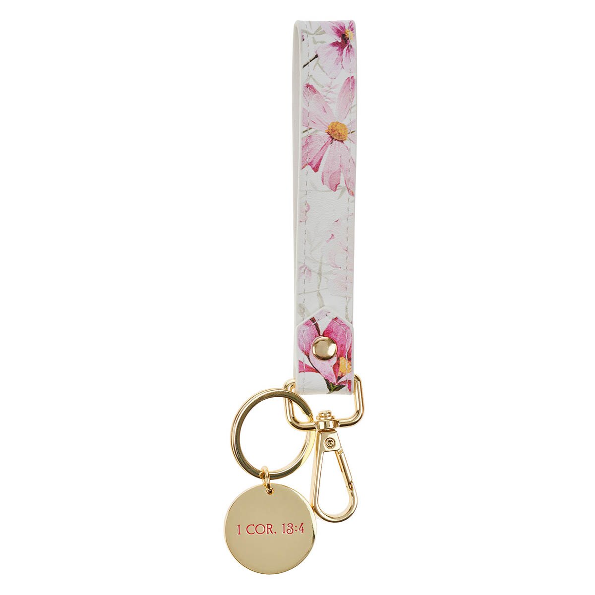 Love Red Floral Faux Leather Wrist Strap Keychain - 1 Corinthians 13:4