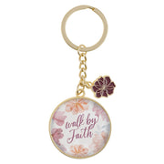Walk by Faith Pink Cosmos Metal Keychain with Link Chain Medallion - 2 Corinthians 5:7