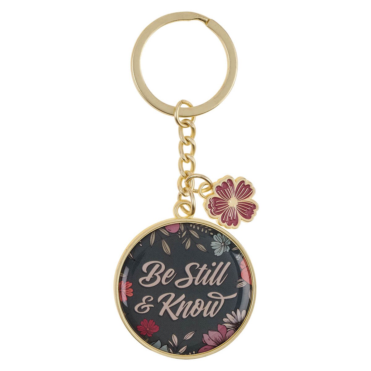 Be Still Teal Botanical Metal Keychain with Link Chain Medallion - Psalm 46:10
