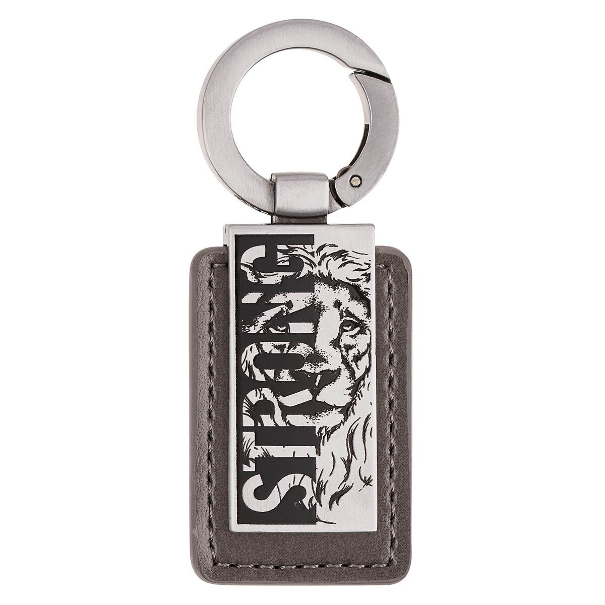Strong Lion Gray Faux Leather and Silver Metal Keychain - Joshua 1:9