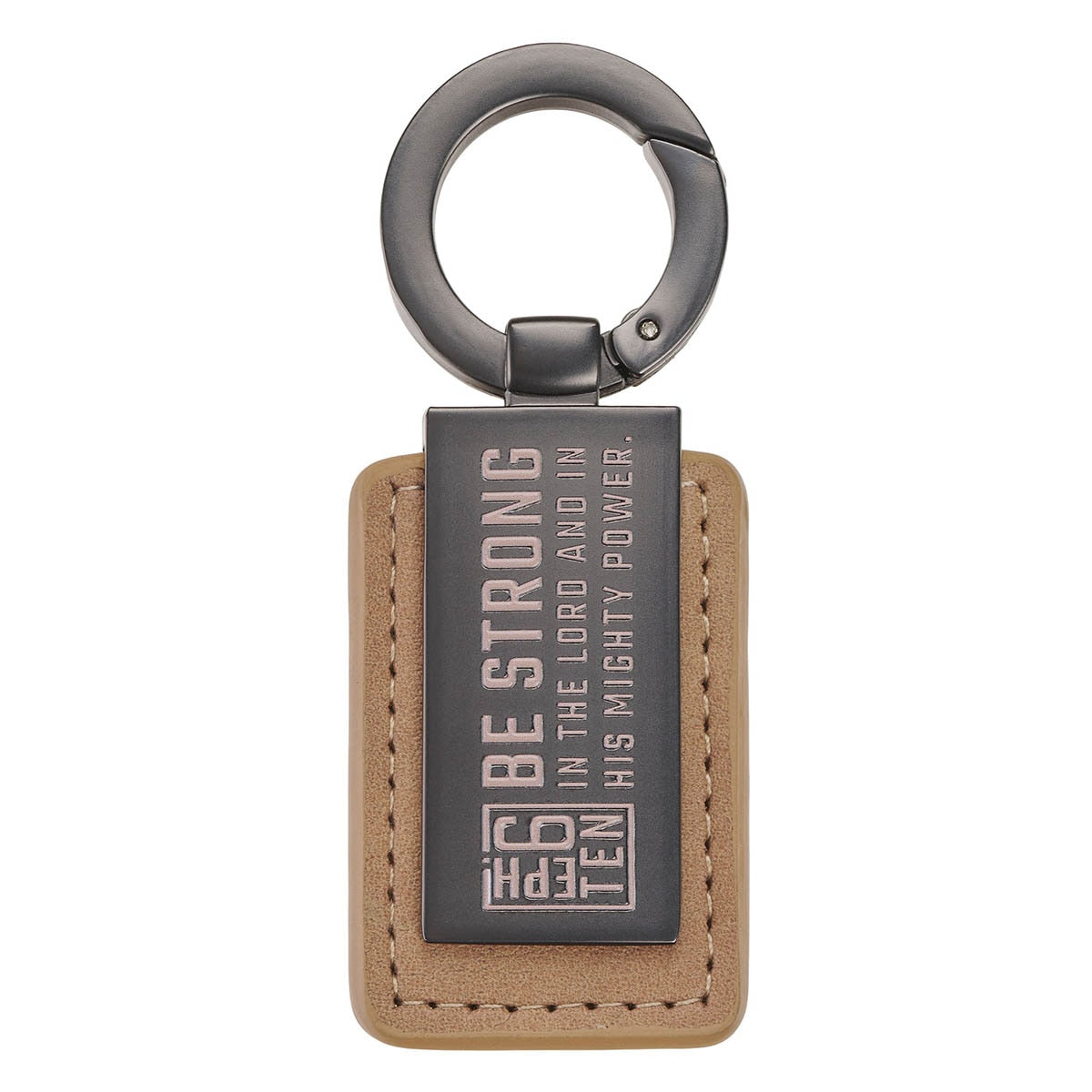 Be Strong Tan Faux Leather and Gunmetal Gray Keychain - Ephesians 6:10